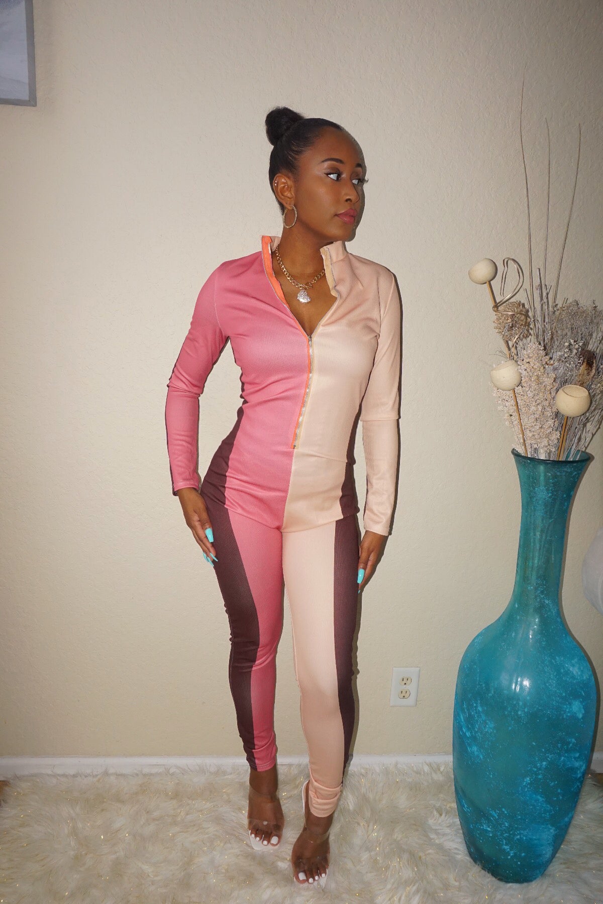 Mixed Emotions Jumpsuit (Pink, Beige, Brown)